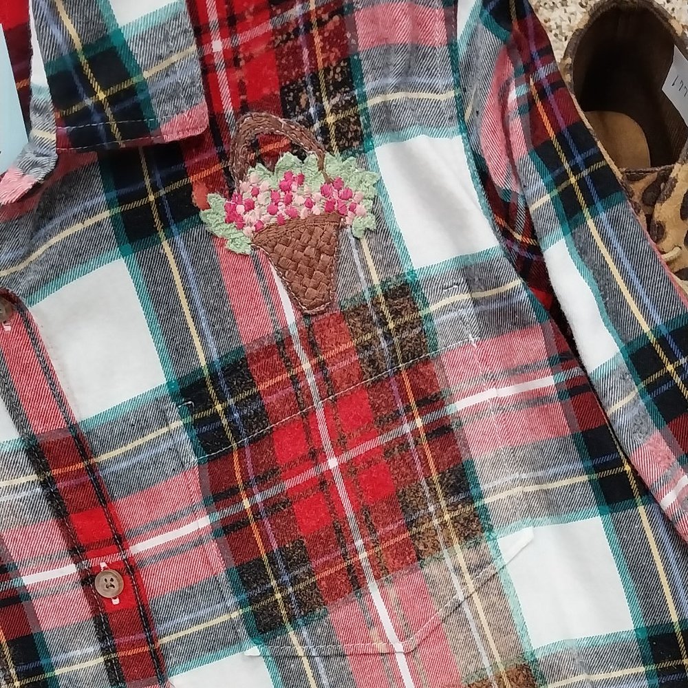 2895 Size XL Old Navy Upcycled Red and White Button Down Shirt - Picture 3 of 9
